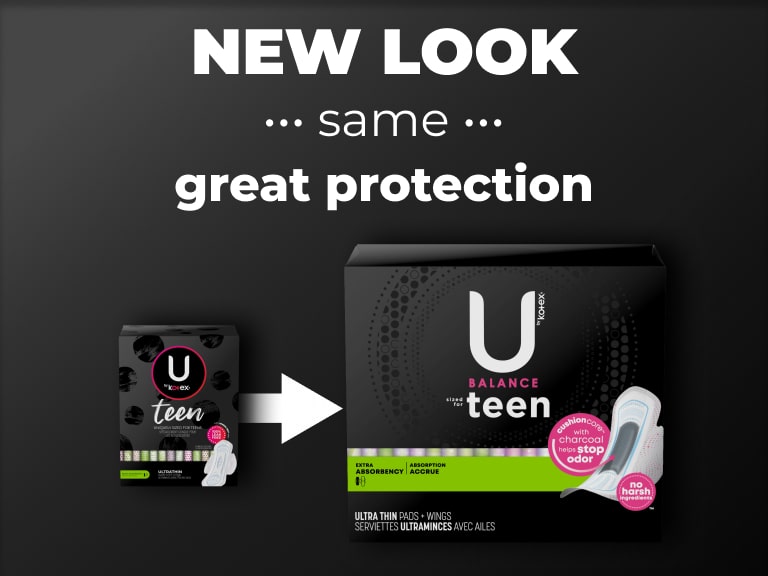 U by Kotex® Balance serviettes ultra-minces au charbon avec ailes pour adolescentes, absorption supplémentaire - nouveau design